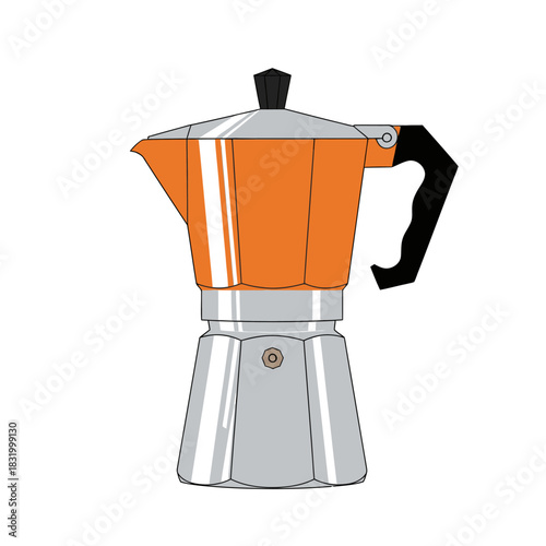 Artistic rendition showcasing an Italian moka pot coffee maker with vibrant orange and silver tones