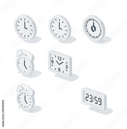 Isometric clocks set illustrating time and punctuality