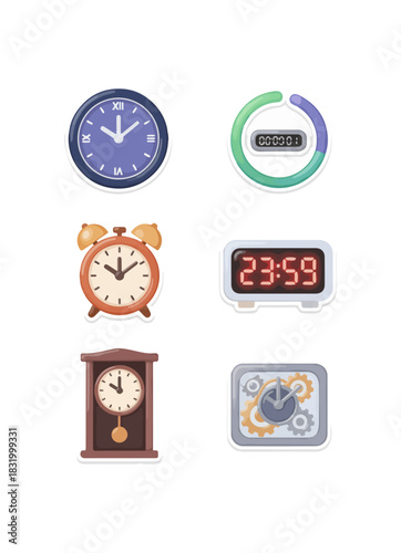 Variety of clock designs isolated on black background