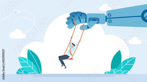 AI hand swings on a businessman's swing. Collaboration between artificial intelligence and humans. A robot and a man. Symbolizing AI human collaboration success. Vector illustration