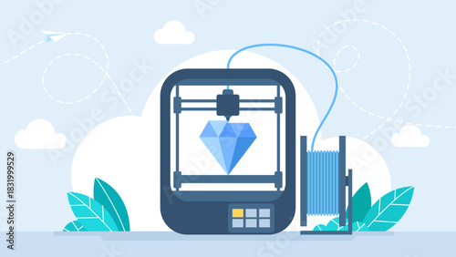 3D printer creates jewelry stones. Laboratory grown diamond. 3D printer making a diamond. 3d printing of precious stones in industrial conditions. Vector illustration