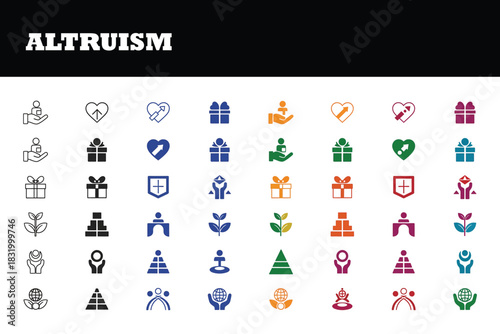 Altruism icons set with hands hearts gifts plants and people giving