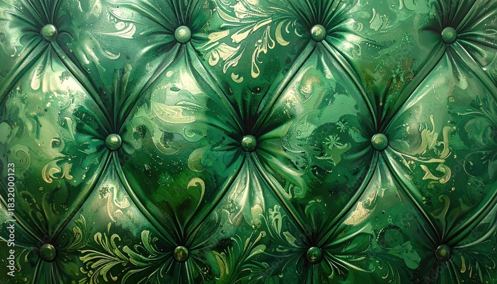 Obraz premium Luxurious Emerald Green Tufted Upholstery with Ornate Swirl Patterns.