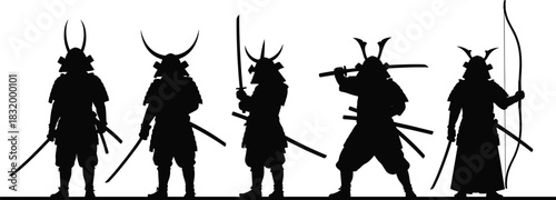 Silhouetted samurai warriors, traditional Japanese armor, katana sword, bow archer, historical combat stance, martial arts, helmet horns, warrior culture