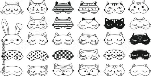 Vector illustration of 25 sleep masks with animal themes and patterns—design reference for fashion, comfort, character, relaxation, and sleepwear