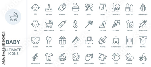 Baby accessories and toys thin black line icons set vector illustration. Abstract outline car seat and stroller for child, bath and duck, organic healthy food, onesie romper clothes and diaper