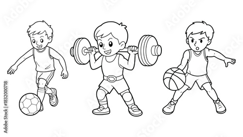 Coloring page of kids playing sports soccer weightlifting basketball