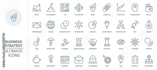 Business strategy thin line icons set vector illustration. Outline budget distribution and commerce support, vision and analysis of trends and KPI, marketing sales funnel and investment protection