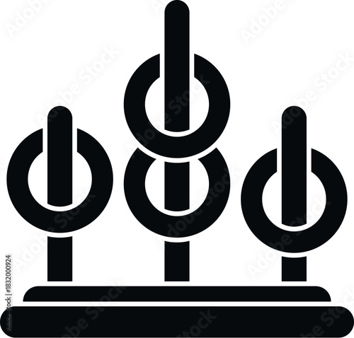 Ring toss game featuring three posts with rings on a base in a black icon style