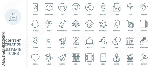 Content creation thin line icons set vector illustration. Outline copyright and marketing in social media, blog trends podcast to share, write and edit articles in computer or mobile phone, hosting