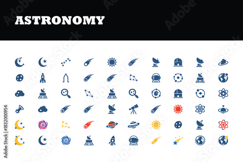 Collection of blue and yellow astronomy icons on white background space science
