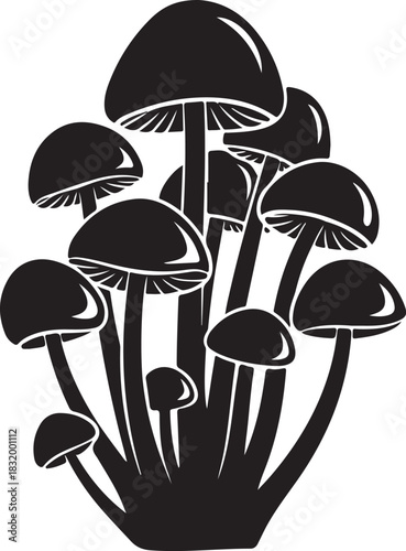 Black and white drawing of a cluster of mushrooms