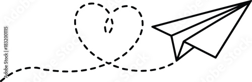 Paper plane flying with heart-shaped dashed line path on white