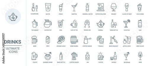 Drinks thin line icons set vector illustration. Outline beverage menu collection with cold fresh water, alcohol cocktails or juice and hot drinks, champagne and wine glasses, coffee and tea maker