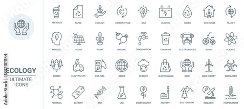 Ecology and green energy thin line icons set vector illustration. Outline eco technology, lab research and ideas symbols collection with sorting and recycle garbage, electric transport and science