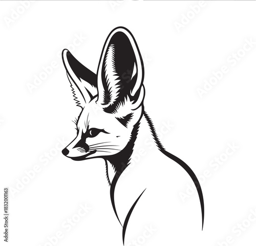 Black and White Fennec Fox Illustration with Large Ears