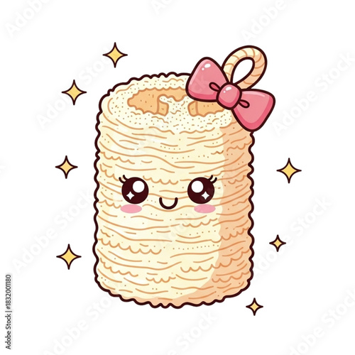 Adorable kawaii dessert roll with a delightful pink bow and sparkles, perfect for cute food designs, sweet treats, and charming bakery concepts