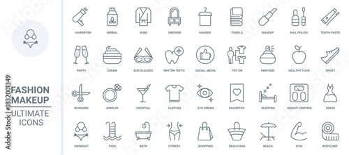 Fashion and beauty, cosmetics thin line icons set vector illustration. Outline nail polish and spa salon, barbershop for health, hair and skin care, trying on clothes and teeth whitening, healthy food