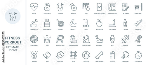 Fitness sport workout in gym thin line icons set vector illustration. Outline kettlebell and barbell, dumbbell and treadmill for healthy training, weight control and loss, pulse measuring mobile app