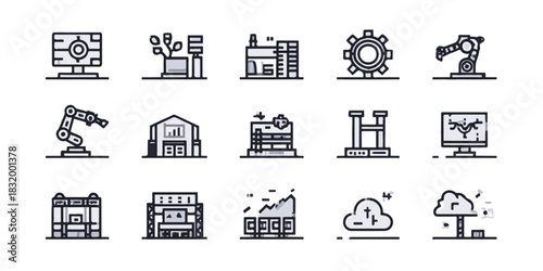 Collection of modern industry and technology icons representing innovation and automation