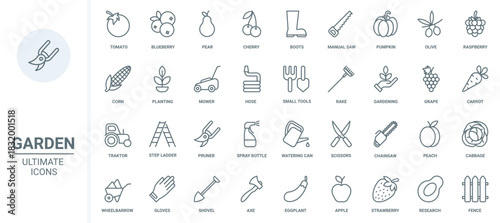 Garden tools and cultivation of agriculture harvest thin line icons set vector illustration. Abstract outline gardening works and equipment to care grass on lawn, grow farm vegetables and fruit