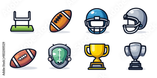 Collection of american football sports equipment and trophies for game day celebrations