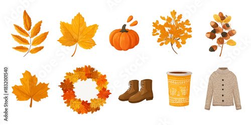 Collection of autumnal elements including leaves pumpkin boots sweater and hot drink