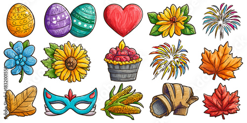 Collection of colorful and festive hand drawn illustrations of holiday and seasonal icons