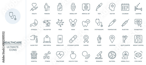 Healthcare, medicine thin line icons set vector illustration. Outline medical first aid, pills for cure and laboratory tests in hospital, diagnosis and dental care symbols for health mobile app