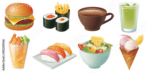 Collection of delicious and varied food and drink items including a burger sushi fries coffee and ice cream