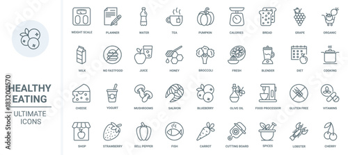 Healthy grocery food thin line icons set vector illustration. Outline fresh organic fruit and vegetables, water and tea with honey, yogurt and farm milk, fish seafood and olive oil for cooking meals