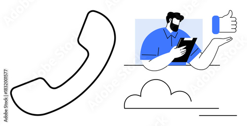 Man holding a tablet, large phone icon, thumbs-up, and clouds. Ideal for communication, feedback, technology, support business connection customer satisfaction. Modern simple flat metaphor