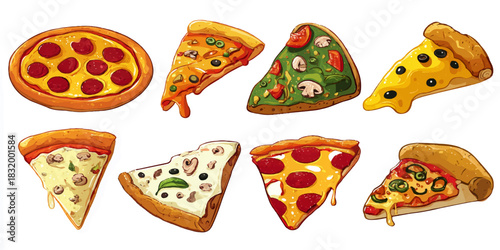 Variety of delicious pizza slices and a whole pizza with different toppings on a white background