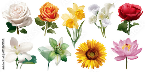Collection of  beautiful and vibrant blooming flowers isolated on a clean white background