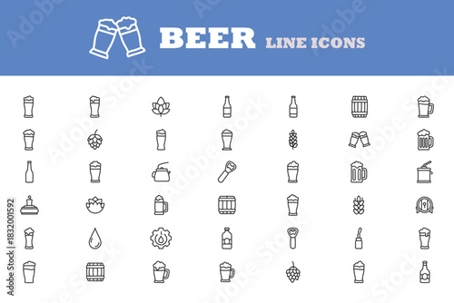 Beer line icons set with glasses bottles barrels hops and openers line art collection