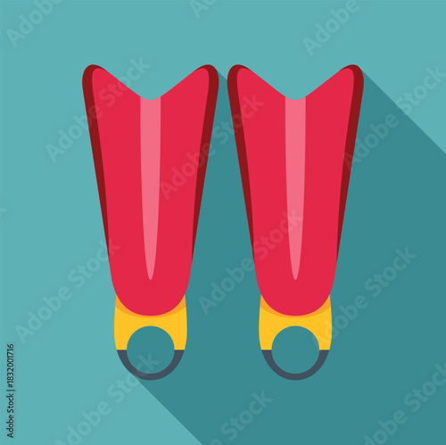 Pair of red flippers with yellow straps in flat design style on a teal background