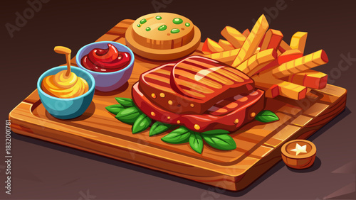 Juicy grilled steak paired with golden fries and savory sauce, presented on a wooden serving board. Close-up dining scene with warm, rich textures perfect for menu design and food photography