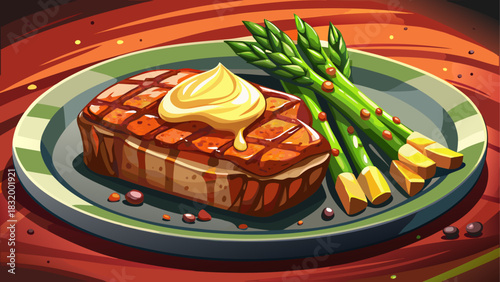 Grilled steak topped with melting butter and served alongside fresh asparagus on a dark serving platter. Rich textures, warm tones, and gourmet presentation ideal for culinary branding and menu