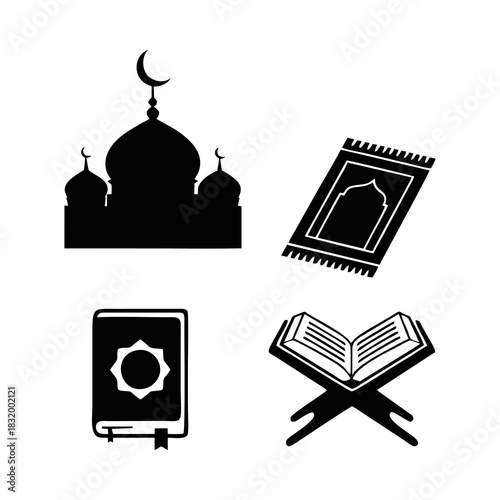 Vector silhouette of a mosque, prayer mat and the Koran, Ramadan and Eid al-Fitr concept design