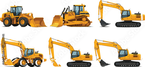 Set of Heavy Construction Machinery Vector Illustration Featuring Yellow Bulldozer, Wheel Loader, and Various Tracked and Wheeled Excavators Equipment