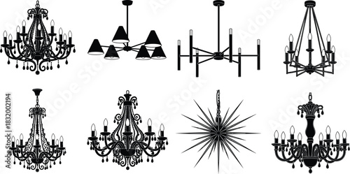 Vector illustration of eight chandelier designs—lighting fixture reference for interior design, home decor, elegance, architecture, ambiance, and style inspiration