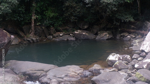 Waterfall with many rocks around