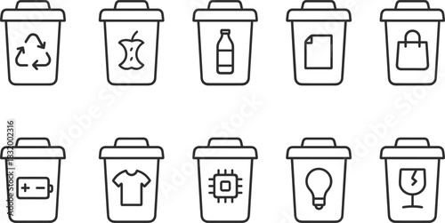 Recycling bins and waste sorting icons set. Trash, garbage, eco outline vector illustrations