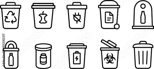 Recycling bins and waste sorting icons set. Trash, garbage, eco outline vector illustrations