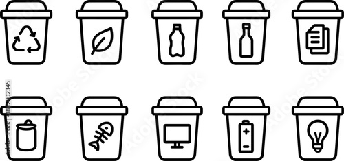 Recycling bins and waste sorting icons set. Trash, garbage, eco outline vector illustrations