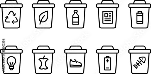Recycling bins and waste sorting icons set. Trash, garbage, eco outline vector illustrations