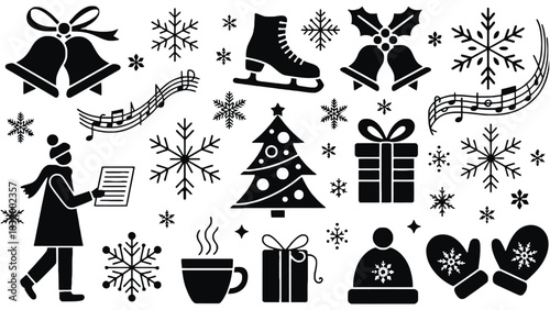 Winter christmas holiday vector icons and silhouette elements