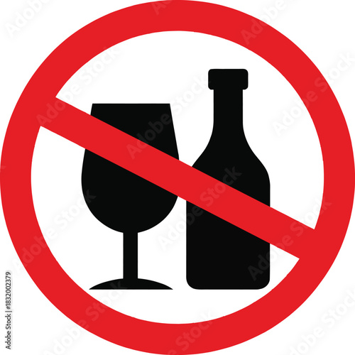 No alcohol sign with glass and bottle for prohibition symbol