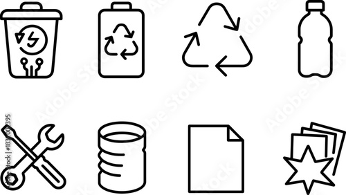 Recycling bins and waste sorting icons set. Trash, garbage, eco outline vector illustrations