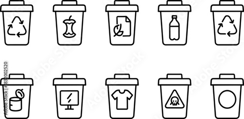 Recycling bins and waste sorting icons set. Trash, garbage, eco outline vector illustrations